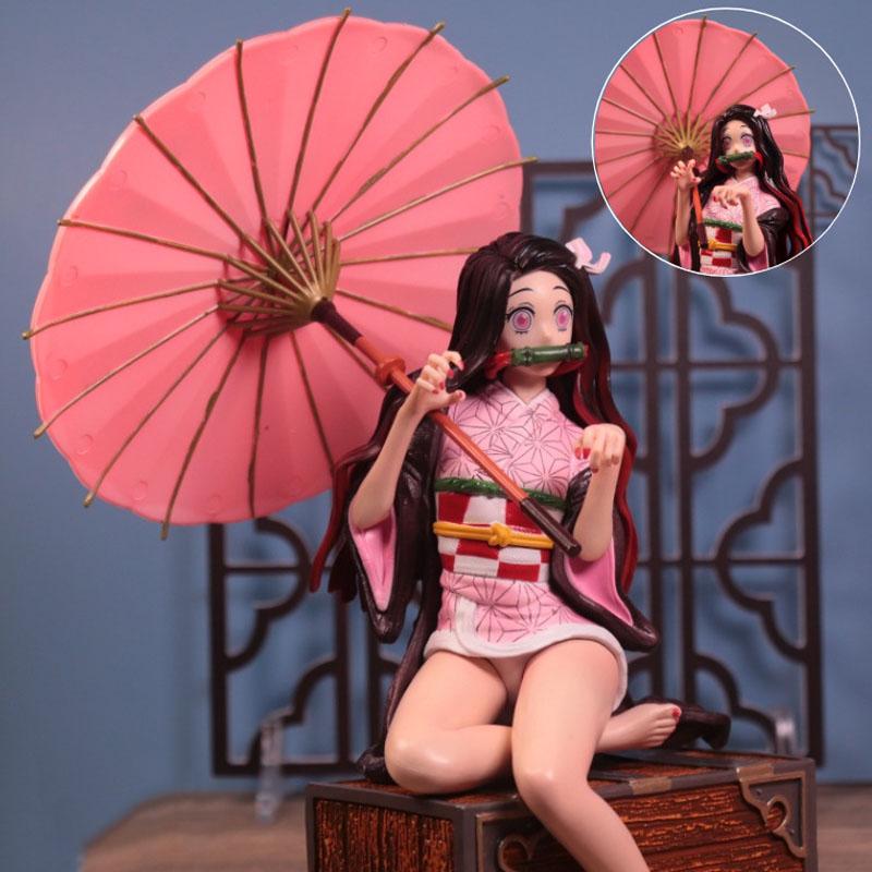 Cartoon Anime Demon Slayer Action Figure Nezuko Kamado Sitting Posture Flower Umbrella Scene Model Statue Decoration Toy