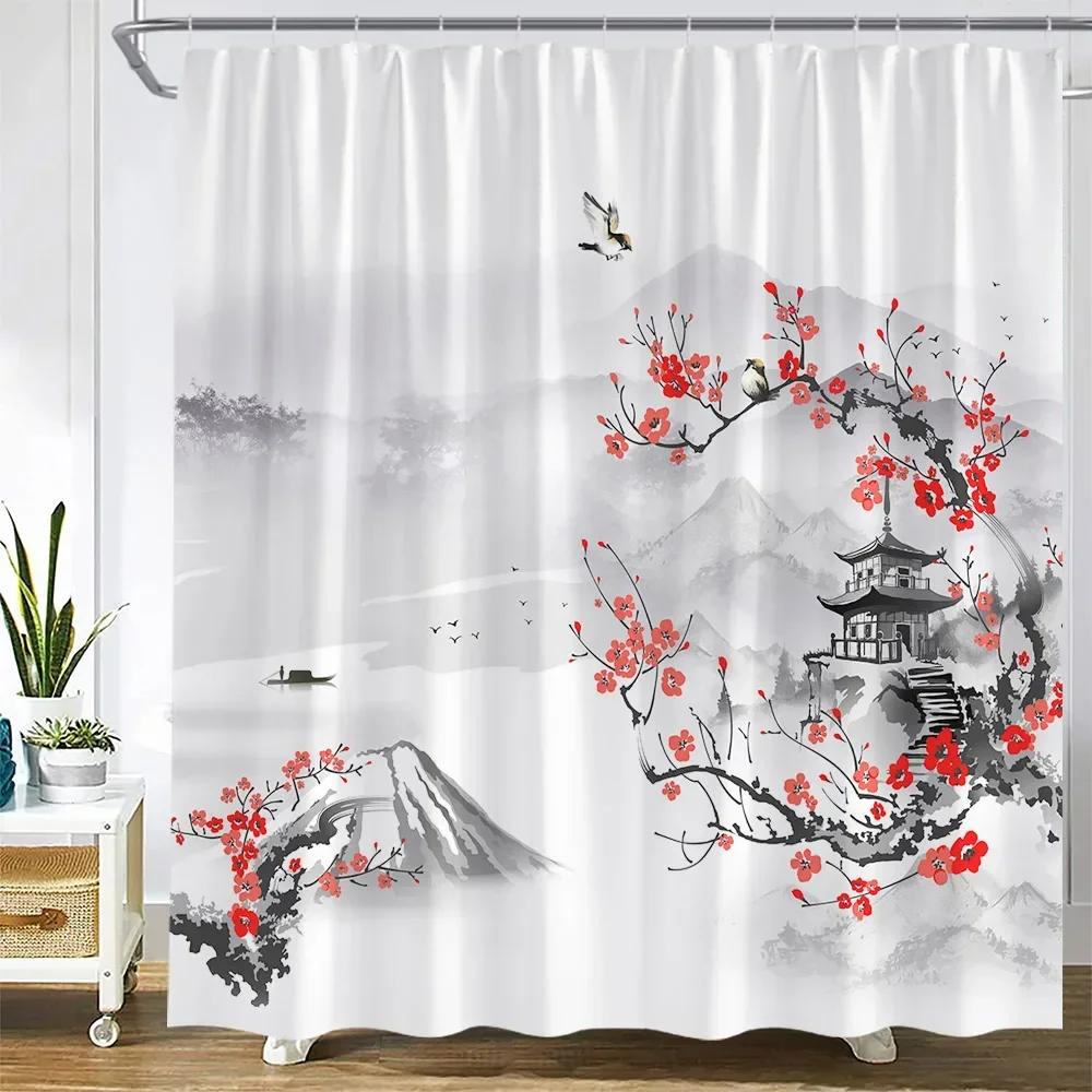 Ink Landscape Shower Curtains Red Flowers Plants Peacocks Birds Mountain Pavilion Chinese Style Art Fabric Bathroom Decor Sets