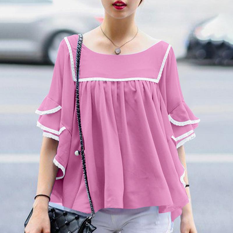 

ZANZEA Жіноча вільна блузка з круглим вирізом і рукавом 3/4 5XL камея рожевий колір