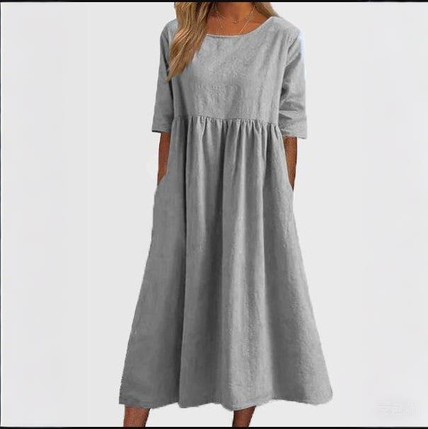 Vestido de Verano de Algodón Lino para Mujer - Vestido Casual de Manga Corta con Pliegues y Bolsillo, Ligero y Transpirable