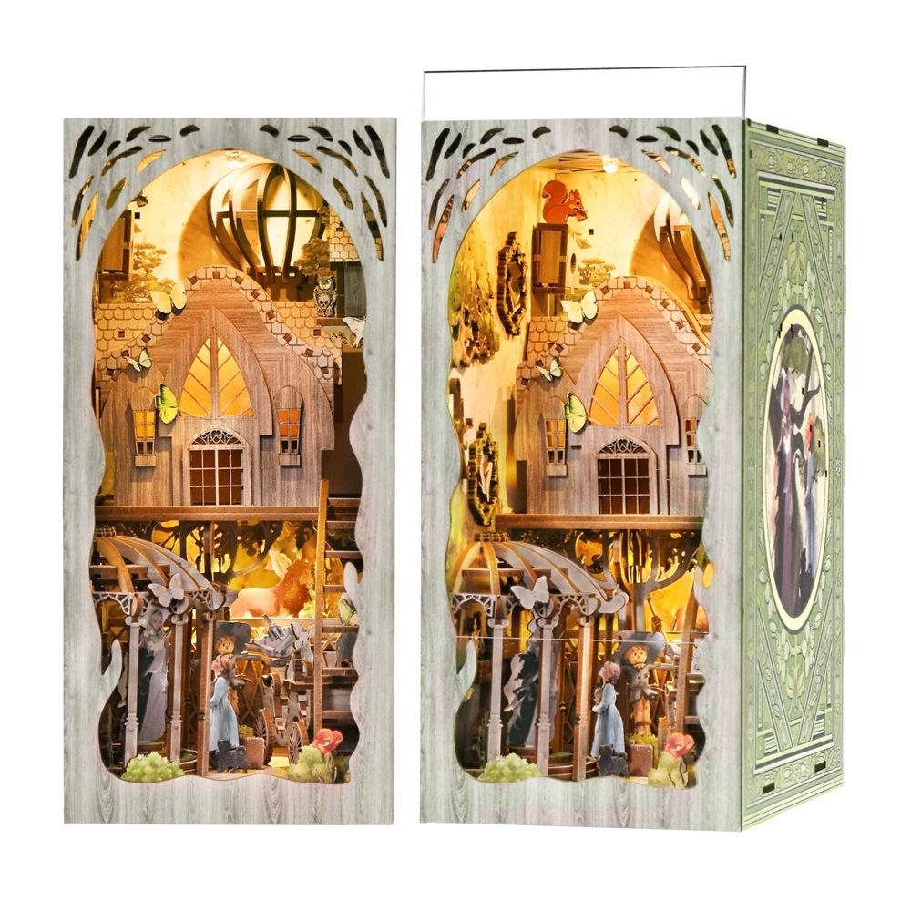 Buchstützen-Set Dunkle Familie DIY Holzpuzzle Gotischer Stil Halloween Bücherregal Puppenhausmodell Buchstütze Gebäude Heimdekoration