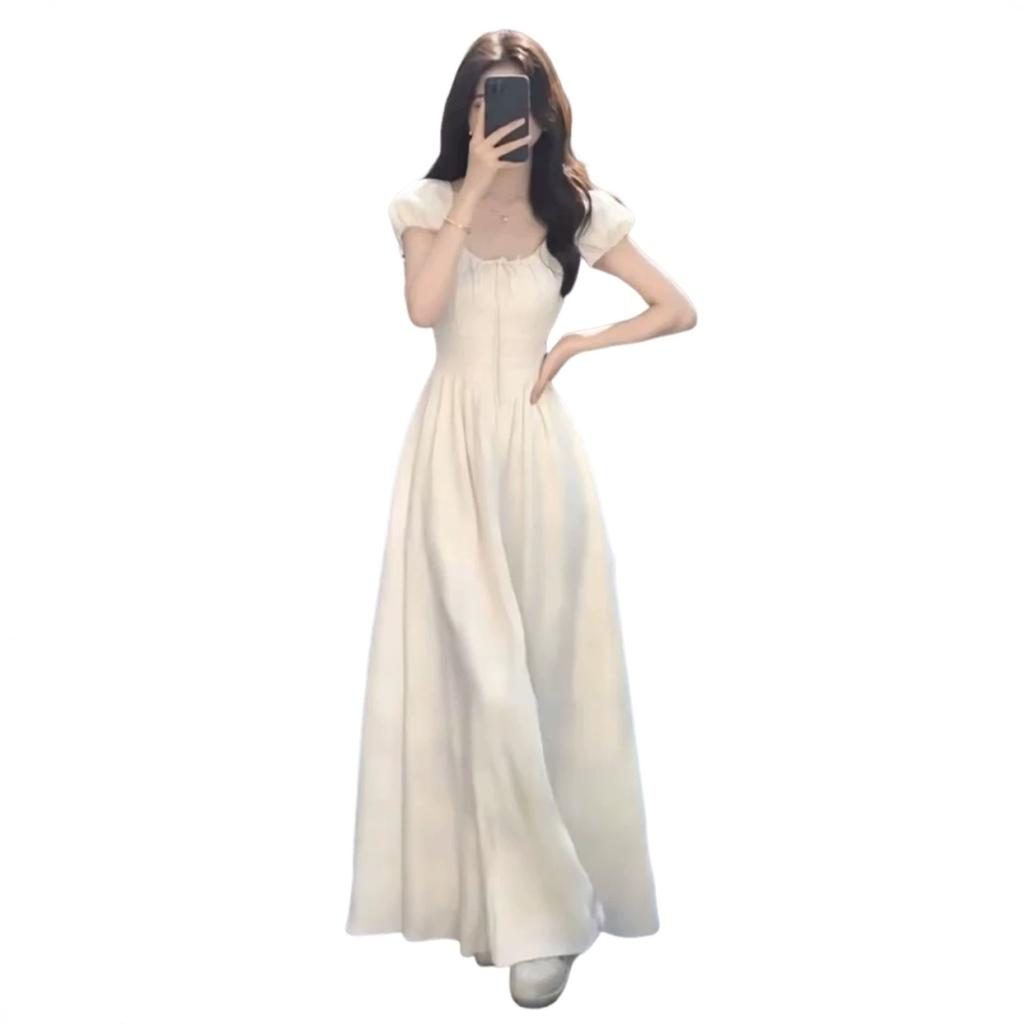 French gentle wind bubble short-sleeved waist dress women's summer sweet temperament slim and thin long A-shaped skirt