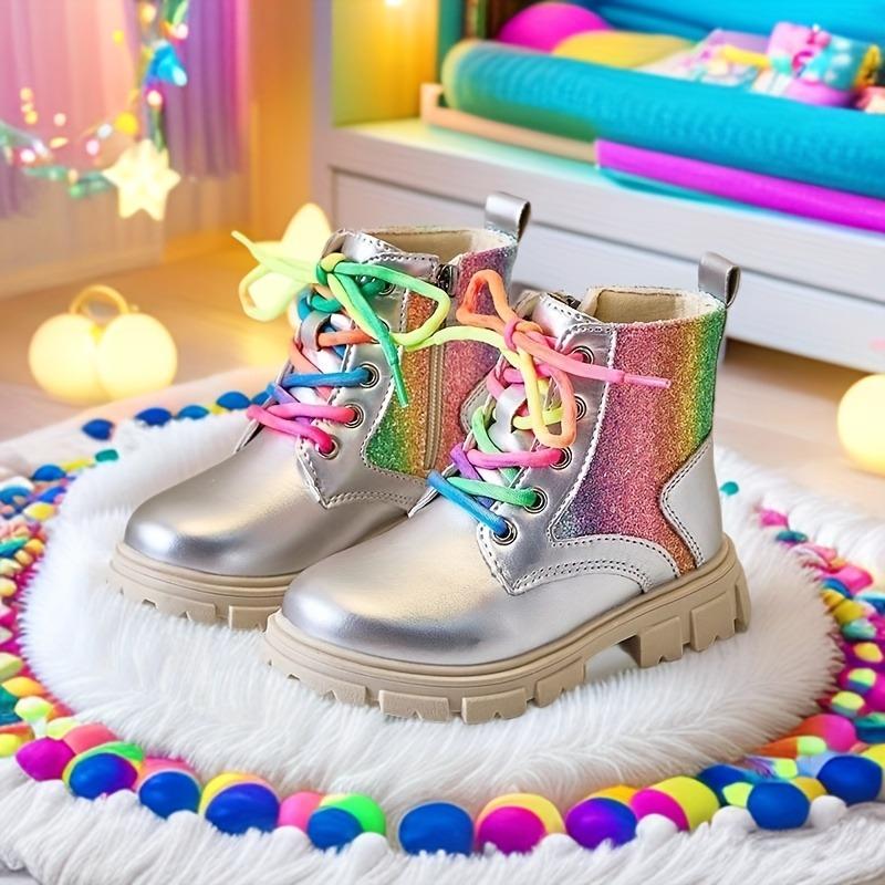 

Trendy Girls Rainbow Zip Ankle Boots Sparkly Non Slip Rubber Sole Lace Up Colorful Shoelaces Fall Winter Princess Style 36 серебряный