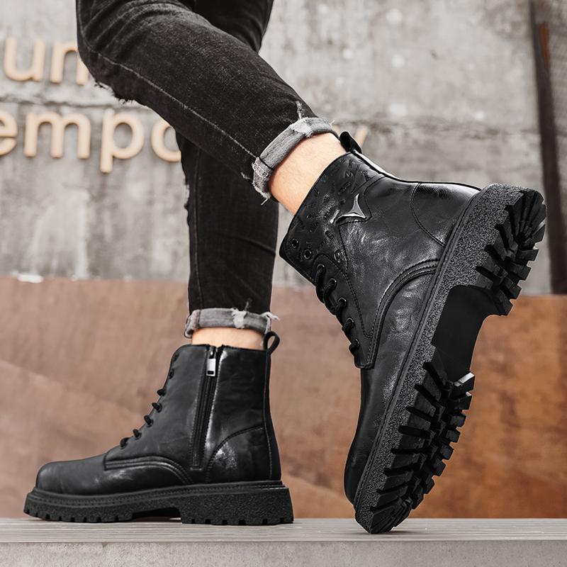 New Motorcycle Boots Casual Leather Men Walking Boots All-match Man High Top Shoes Brand Men Winter Plush Snow Boots