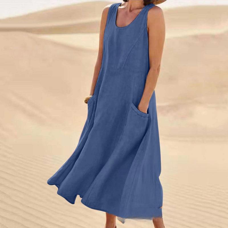Summer Pocket Sleeveless Round Neck Women's Cotton and Linen Dress
