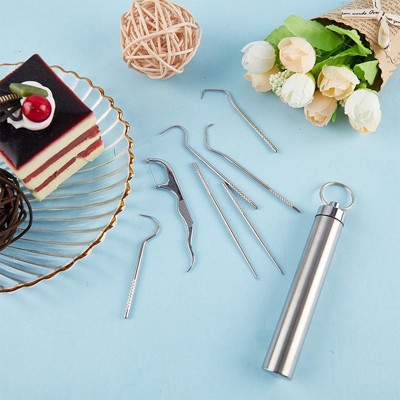 8Pc Portable Stainless Steel Metal Toothpick Bag Set Reusable For Outdoor Picnic
