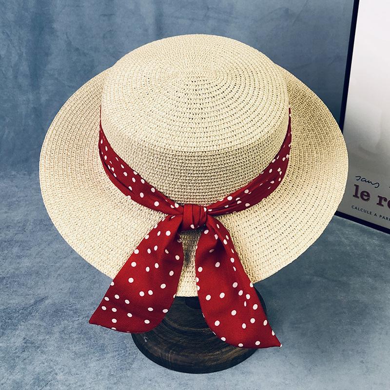 Flat top hat women's summer elegant polka dot straw hat seaside beach sun protection sun hat British top hat fresh sun hat