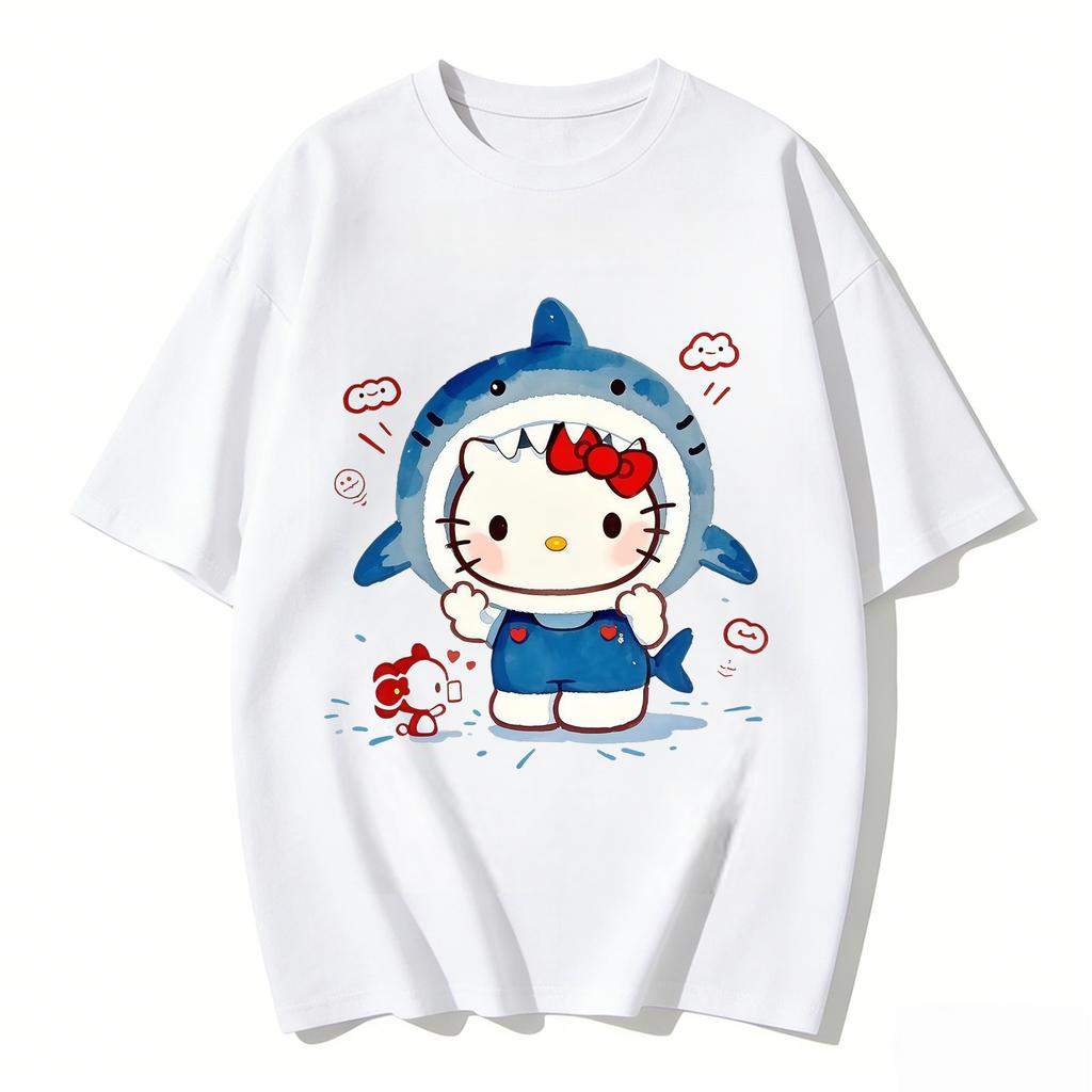 2026 New Arrival Kawaii Hello Kitty Shark Print Couple T Shirts Casual Family Matching Outfits Parentchild Tees Tops Summer Y2k