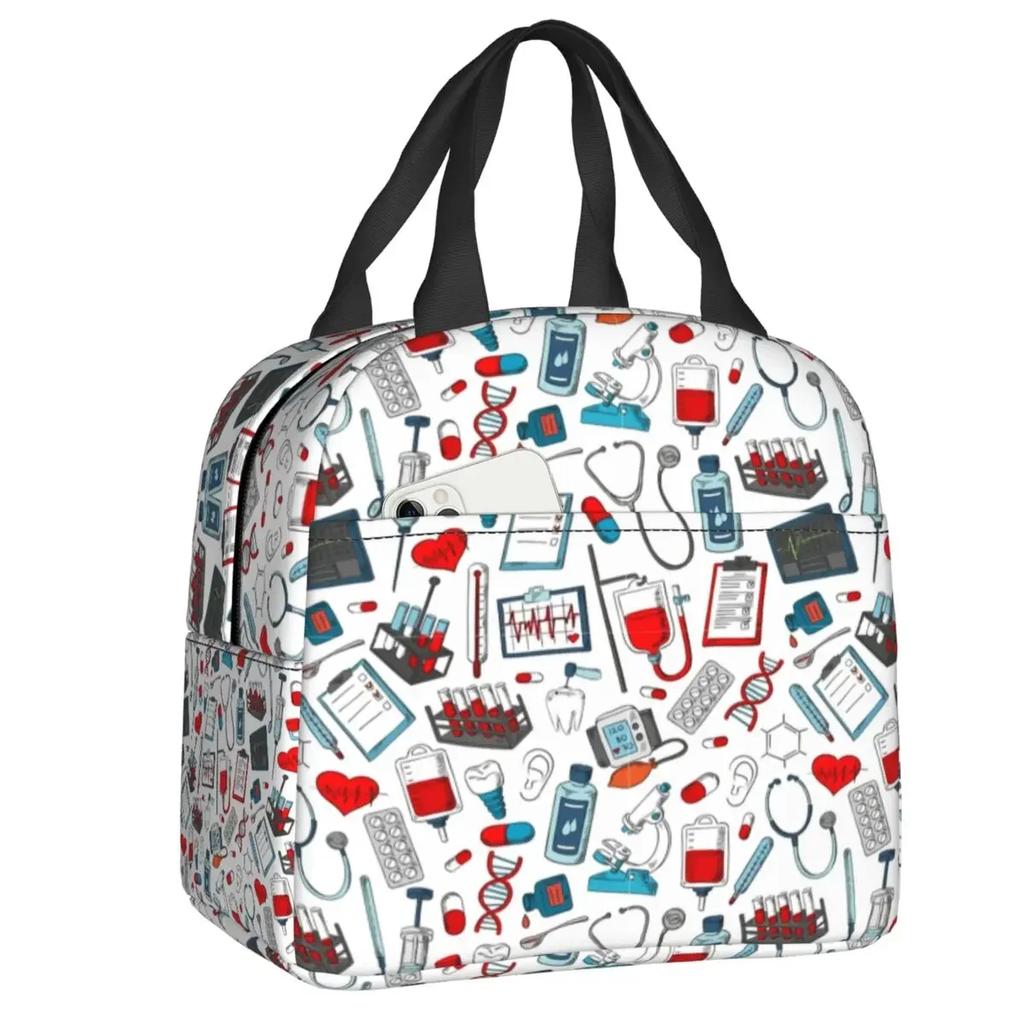 Nurse Tool Pattern Insulated Lunch Tote Bag for Women Nursing Resuable Thermal Cooler Food Lunch Box Work School Travel