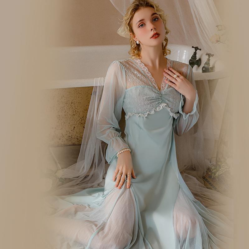 Women Sexy Sleepshirts Lace Patchwork Mesh V-neck Dress Nightgowns Porn Translucent Long Lounge Comfortable Clothing