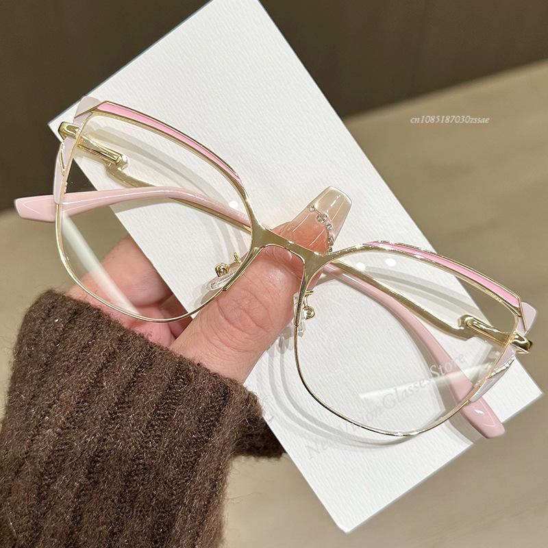 Cat Eye Metal Frame Anti Blue Light Glasses Type Non Prescription Protective Goggles Decorative Flat Glasses