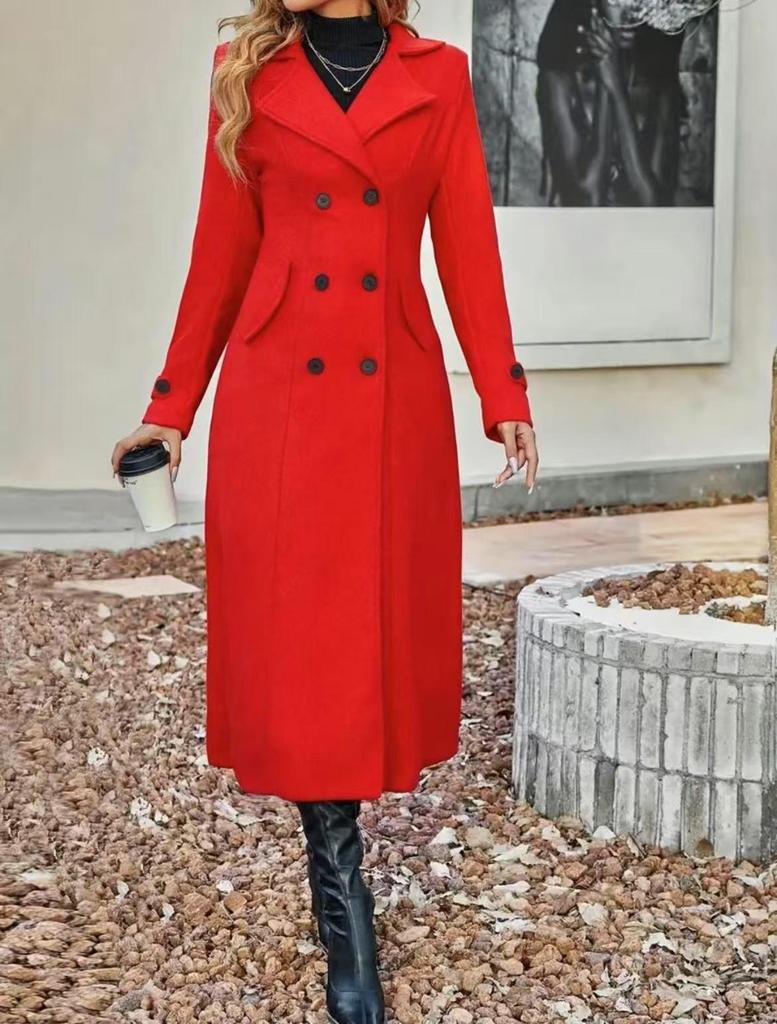 European-American Slimming Double-Breasted Mid-Length Wool Coat with Cinched Waist and Lapel 2025