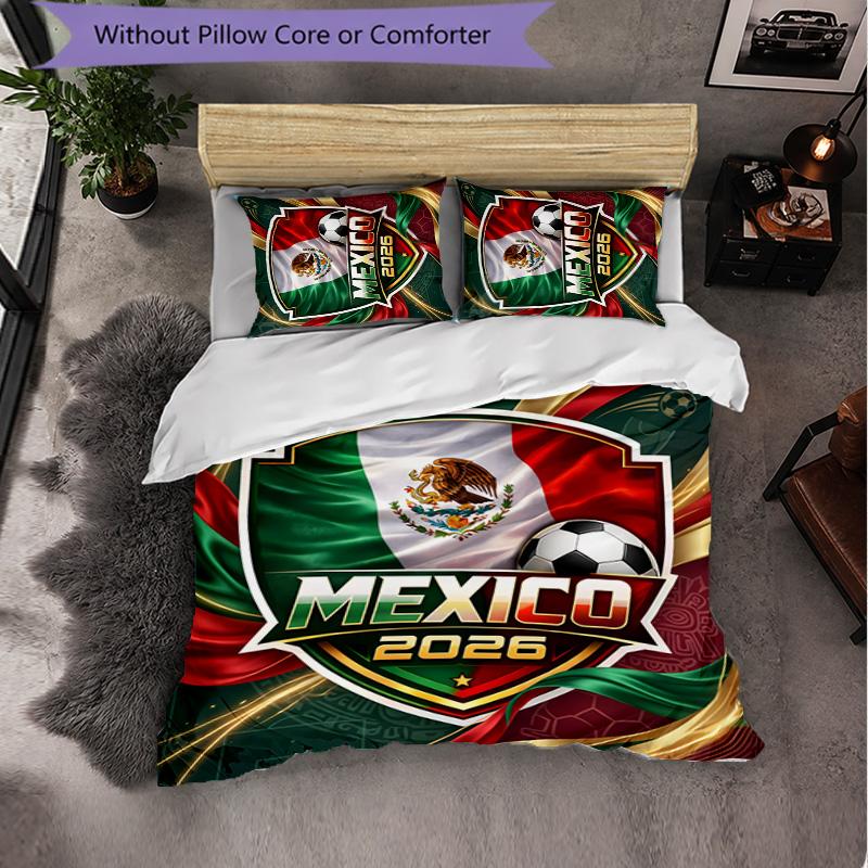 Mexico Footbal Pattern 3 Pieces Bedding Set Soft Microfiber Duvet Cover with Pillow Cases for Bedroom