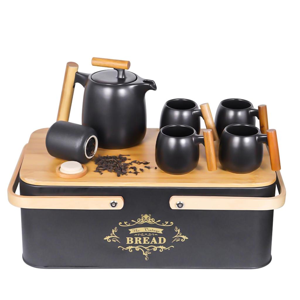 SOTECH Tea Set Gift Outdoor Stylish Portable Travel Tea Utensil Wooden Metal Box Black Porcelain Tea Cup Cute Tea Storage Tea Chinese Tea Travel
