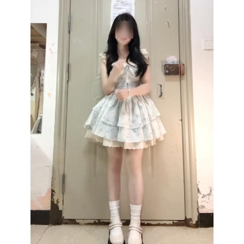 French sweet small flying sleeve floral dress women's summer high sense small lace princess tutu