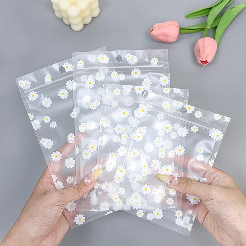 Small Frosted Daisy Zipper Bag - Transparent, Self-Sealing Jewelry Packaging