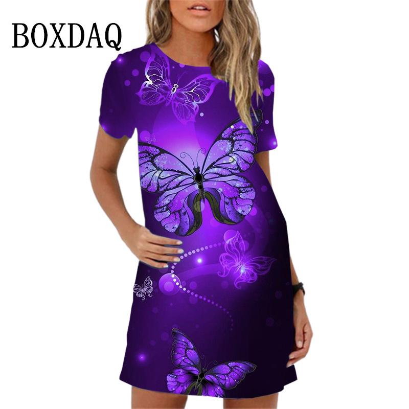 2026 New Summer Sundress Sweet Elegant Purple Butterfly Print Mini Dress For Women Short Sleeve Loose Casual Mini Dress Oversize S