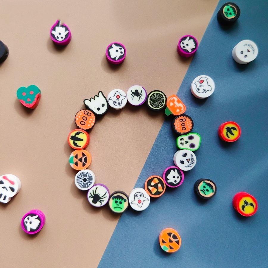 Halloween Soft Clay Skull Handmade Beaded Bracelet,DIY Bracelet for Women & Kids Handmade Beaded Bracelet Set