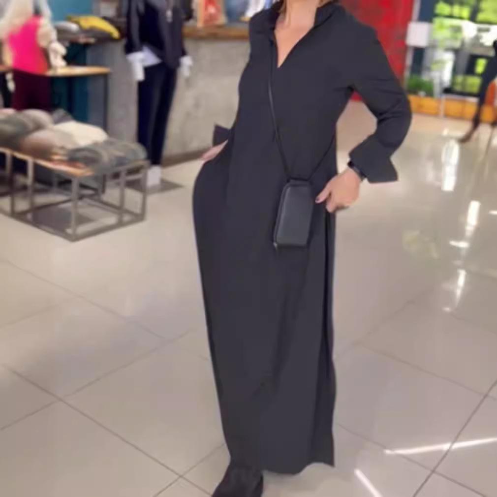 2026 Fall/Winter Women's Casual V-Neck Long-Sleeve Solid Color Dress