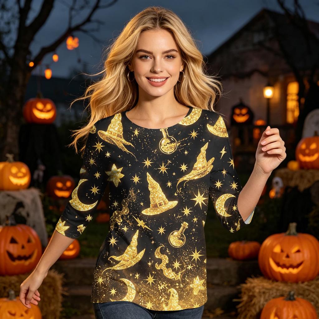 Womens Casual Halloween Print Round Neck Top Three Quarter Sleeve Lightweight Blouse for Seasonal Wear