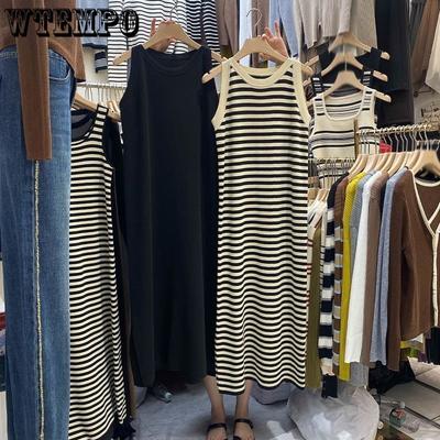 Vestido feminino listrado vestido sem mangas solto tamanho grande vestido longo aberto na parte de dentro