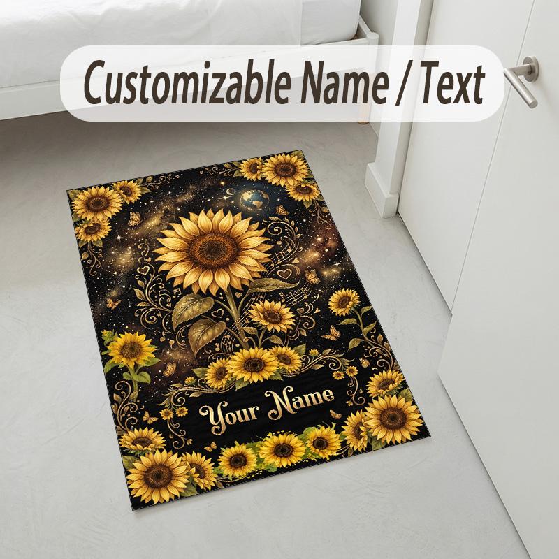 Floral Garden Theme Crystal Velvet Rug Personalized Custom Name Text Soft Floor Mat Home Decor