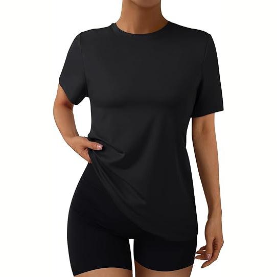 

European and American quick-drying short-sleeved women, popular fitness yoga training T-shirt, milk silk cool breathable top XL чорний