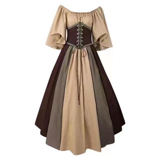 Medieval Retro Contrast Color Slim-fit Dress Feifei Sleeve Big Skirt Cos Costume Performance Stage Costume