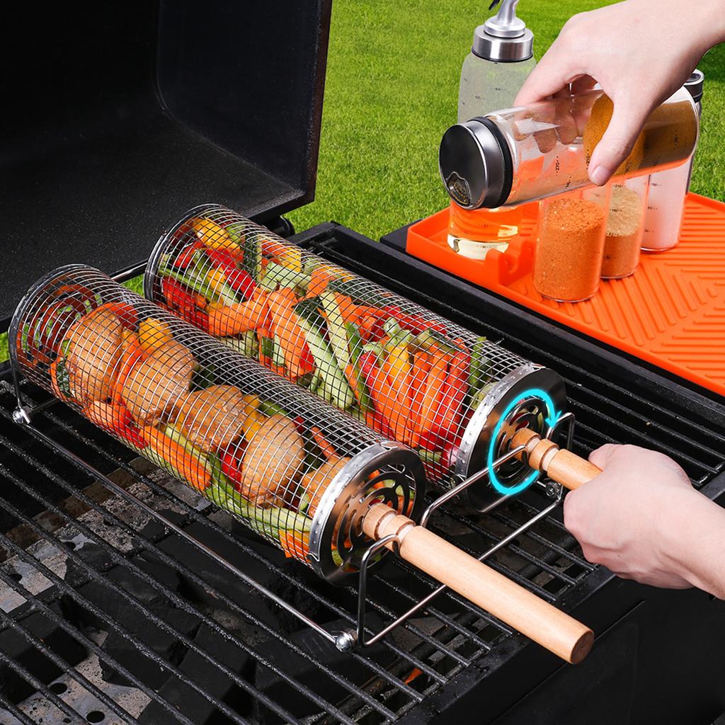 BBQ Rollender Grillkorb - Großer runder Maschen-Grillkäfig für Gemüse-Fischscheiben - Perfekt für Picknick im Freien, Camping, Backen