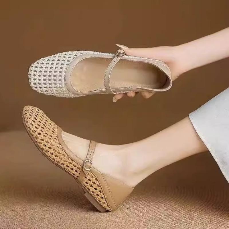 Fashion Summer New Woven Flat Shoes for Women Square Toe Mary Jane Shoes Casual Hollow Cool Sandals Multifunctional Slippers for Women