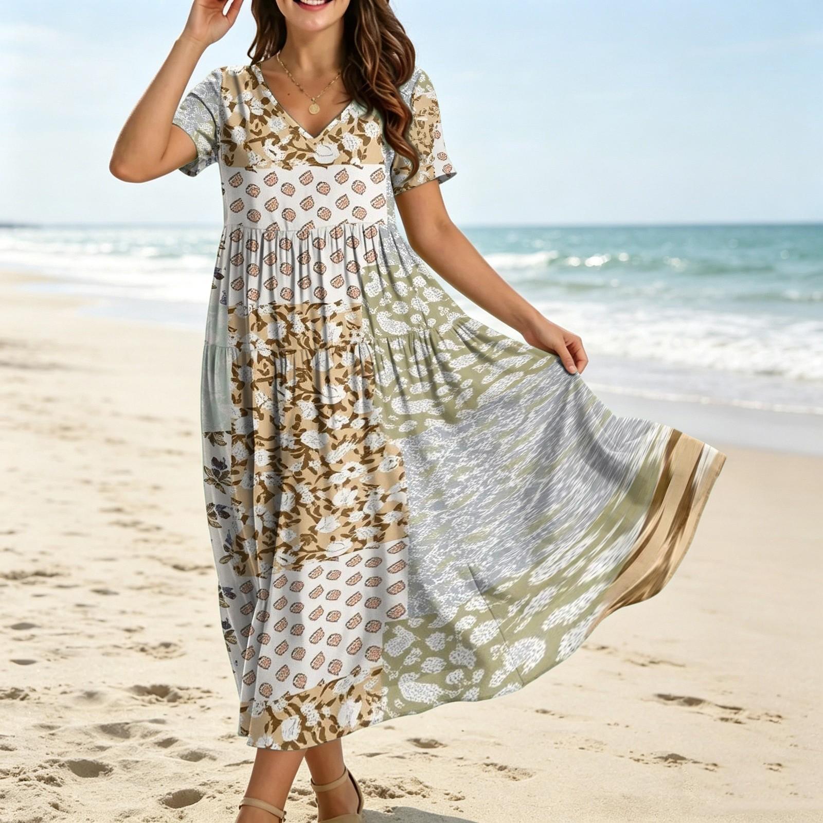 

Women Casual Loose Bohemian Floral Dress Short Sleeve Long Maxi Summer Beach Swing Dress XL жовтий