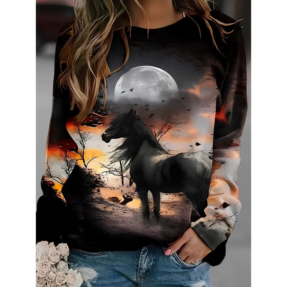 Fashion Women's Sweatshirt Horse Graphic Print Sweatshirt Casual Long Sleeve Crew Neck Pullover Clothing