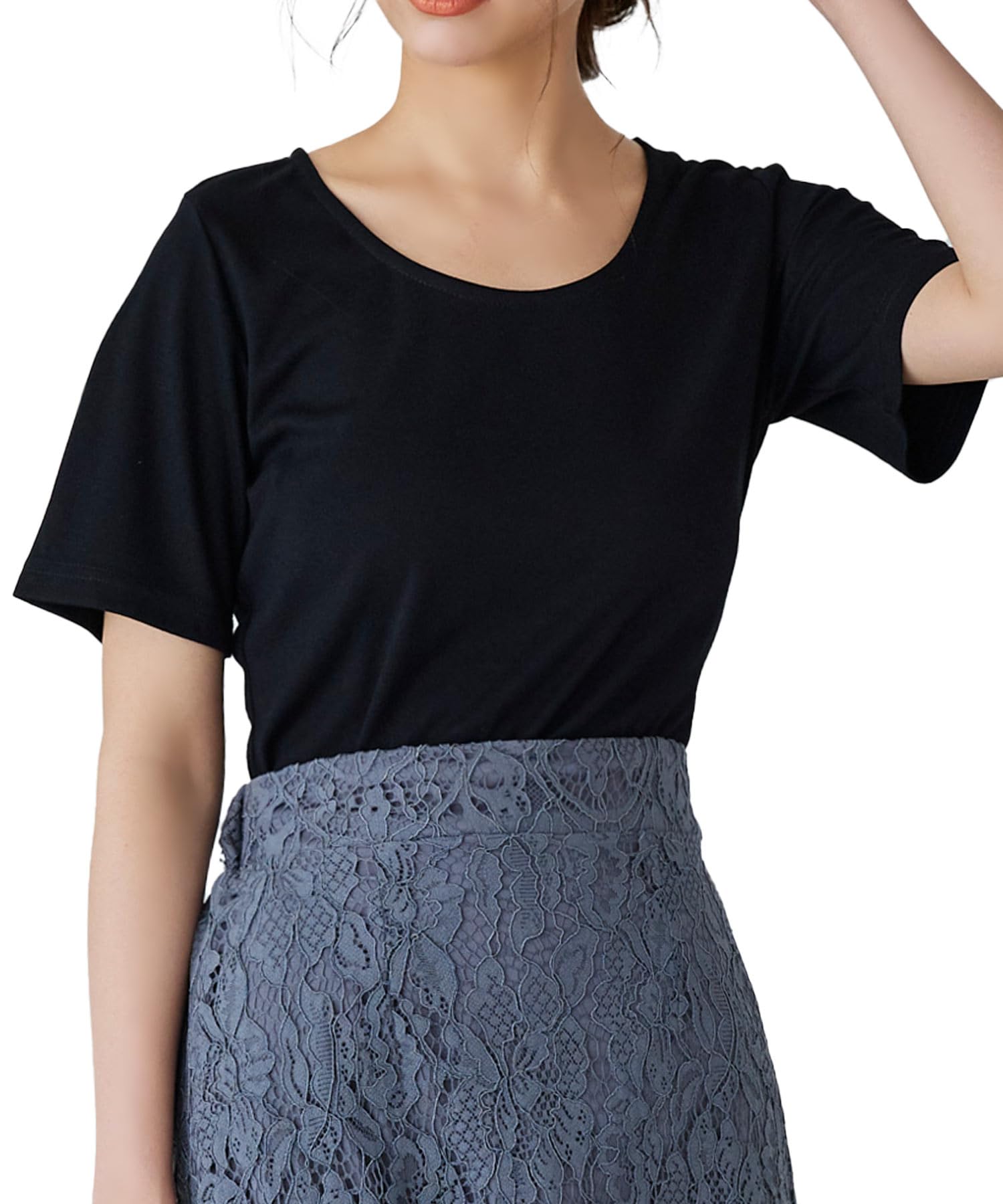 

для прохладного к УФ однотонный для прямого черного [Kobe Lettuce] Футболка с коротким рукавом женская, на ощупь, защита, простой, базовый, [C6730] M, люди А-типа,