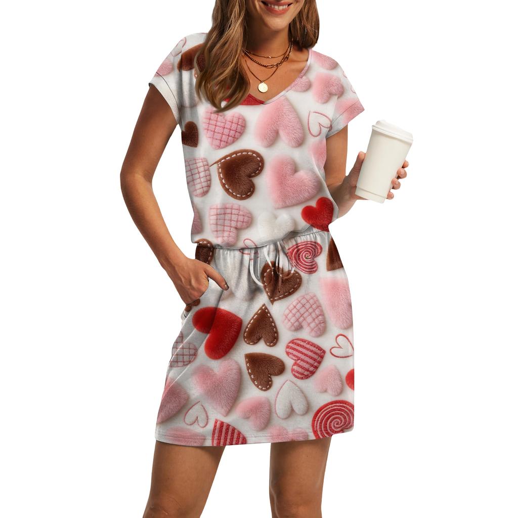 Women's V,Neck Short,Sleeve Drawstring Pocket Valentine's Day Print Casual Dress