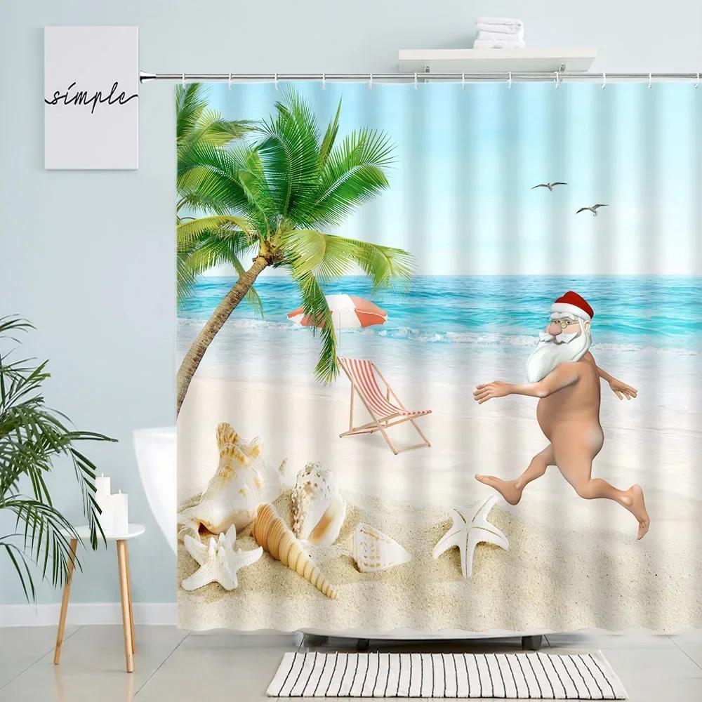 GAE Świąteczne Zasłony Prysznicowe Zabawny Święty Mikołaj Choinka Gałązka Jodły Czerwona Jagoda Ptaki Nowy Rok Tkanina Wystrój Łazienki Zasłona Kąpielowa