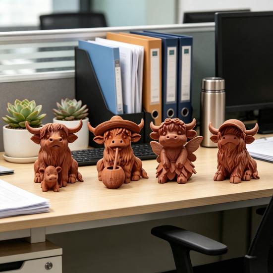 Rustic Highland Cow Ornament, Terracotta Color 3D Printed Cow Statue, Cute Highland Cow Figurine for Home Desk Shelf Farmhouse Decor