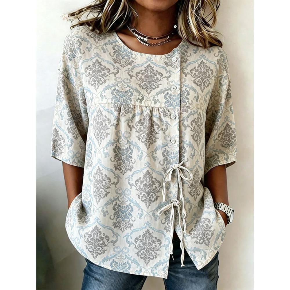 Women's Vintage Damask Floral Print Drawstring Button Up Blouse, Casual Round Neck Tops for Spring Summer Daily Vacation Wear