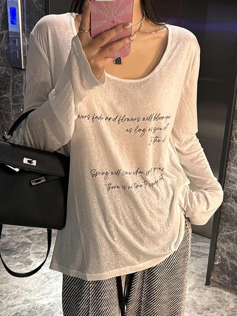 Korean Style Sheer Long Sleeve Letter Print T-Shirt Cardigan for Women - Casual Lightweight Sun Protection