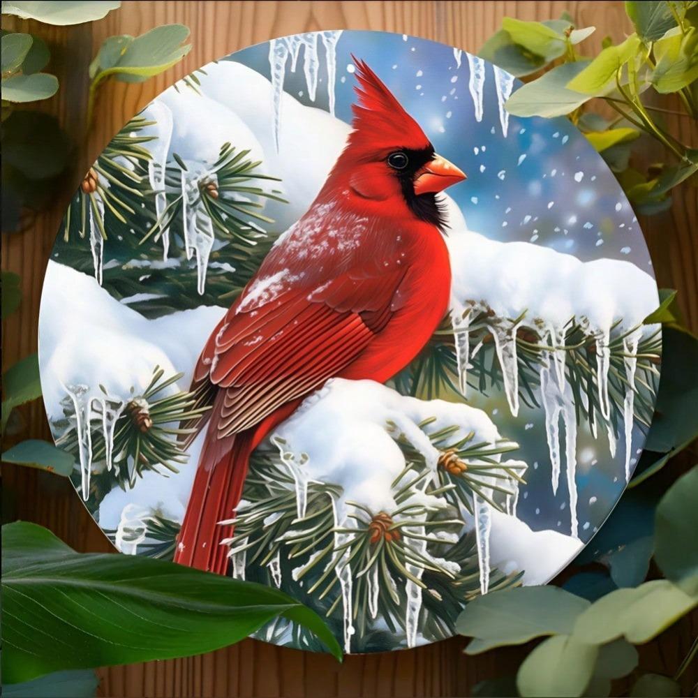 Vintage Tin Cardinal Berry Wreath Sign Round Christmas Thanksgiving Holiday Home Wall Decor