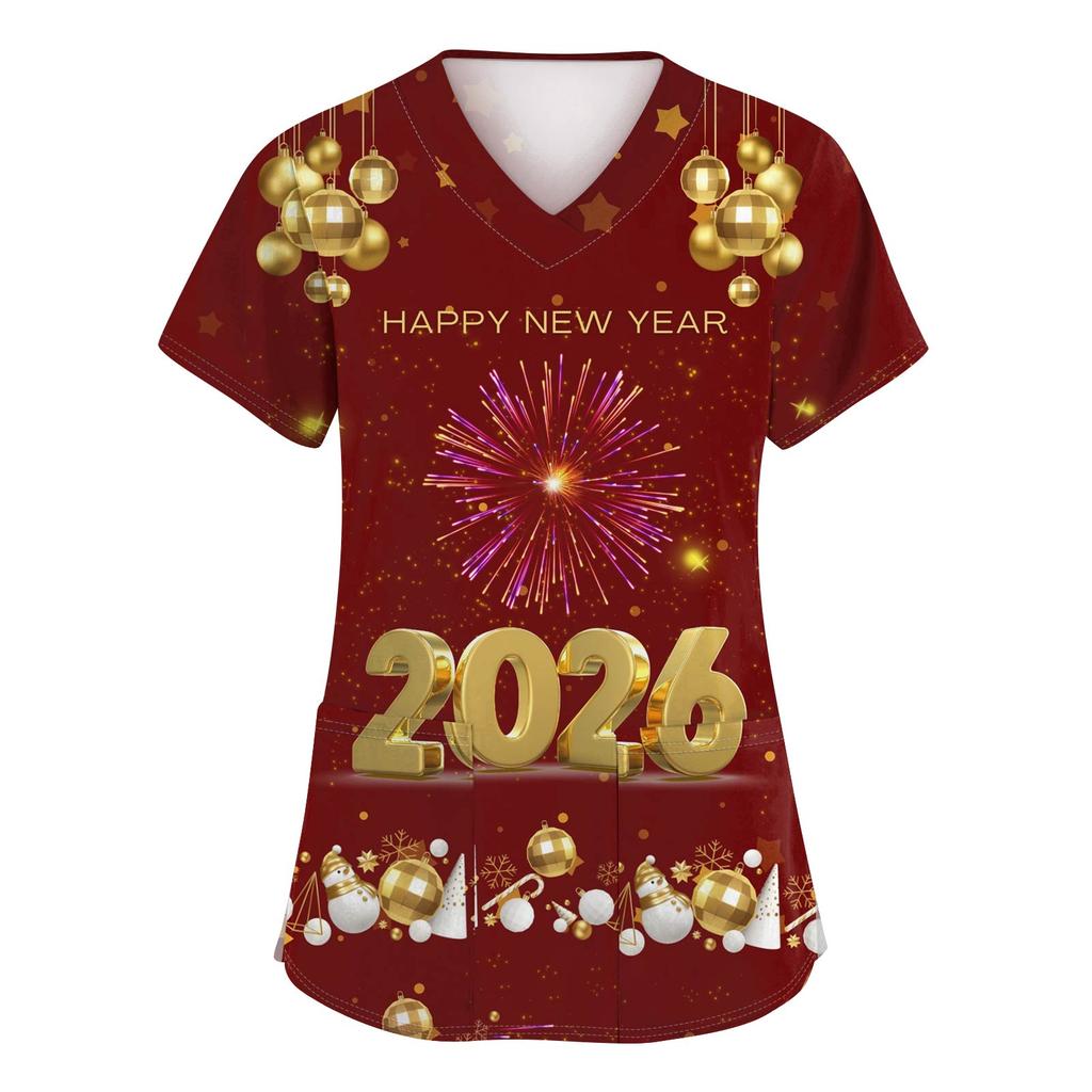 Women's Fashion Printed Short Sleeve V Neck Pattern Tops Pocket Working T-shirts