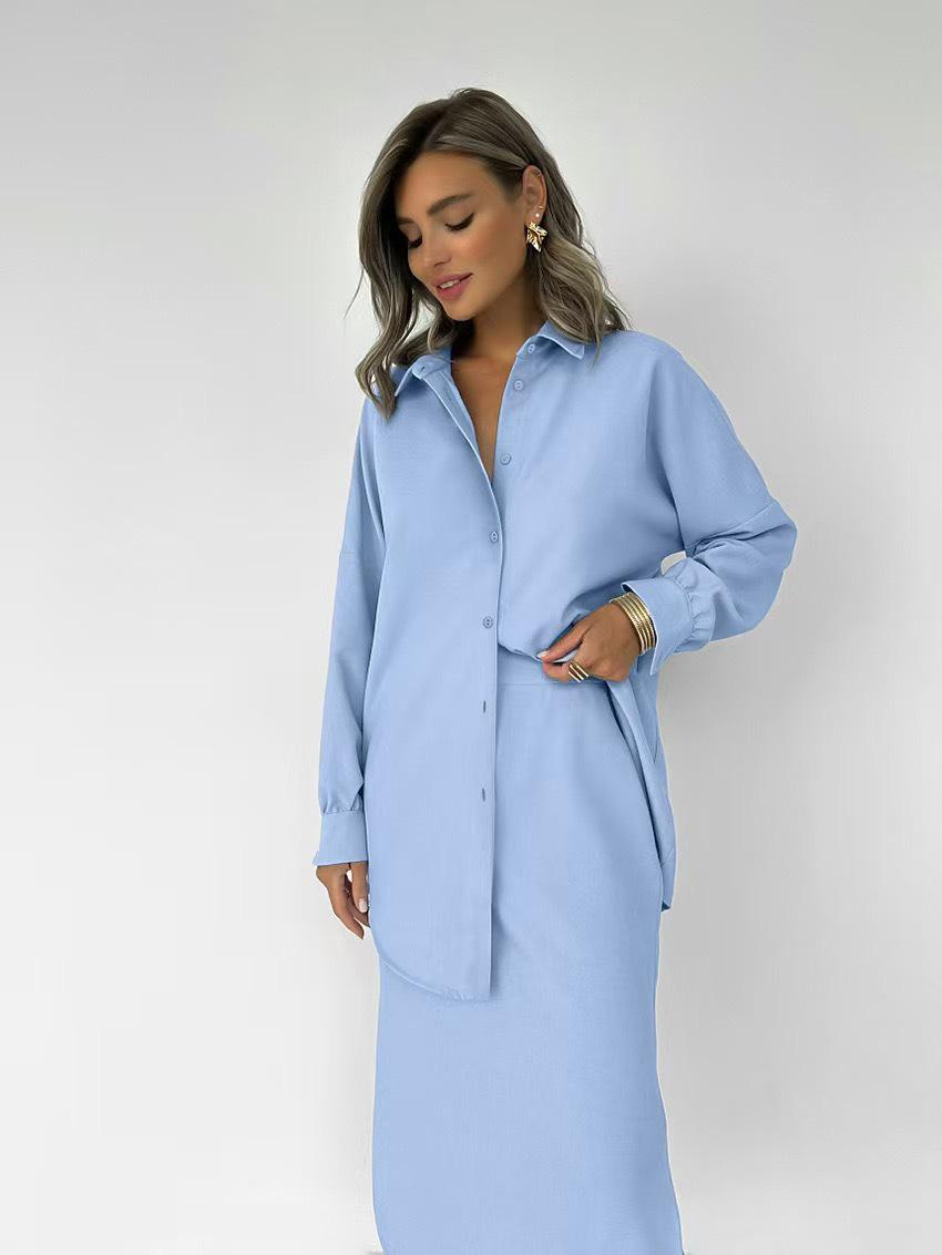 

Элегантный женский комплект миди-юбки и рубашки однотонной расцветки (2025) M синий