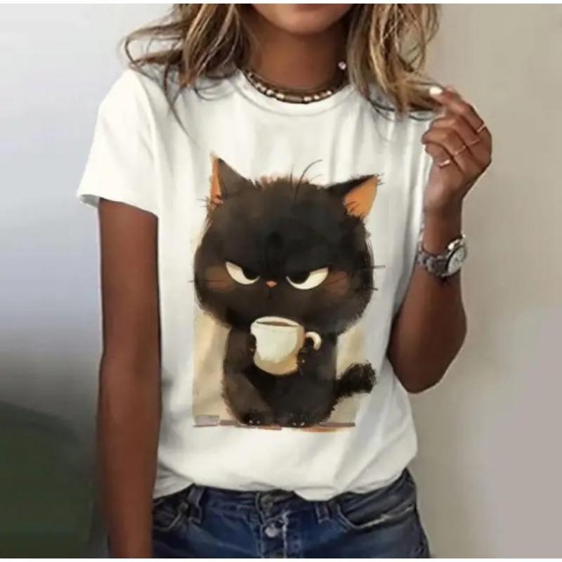 Funny Cute Cat Cartoon Printed Short Sleeved T-shirt Fashionable Loose Top T-Shirts Women’s