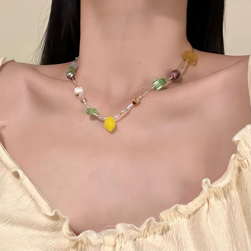 Glass beads opal shell beaded square round pearl necklace niche light luxury high sense exquisite temperament necklace