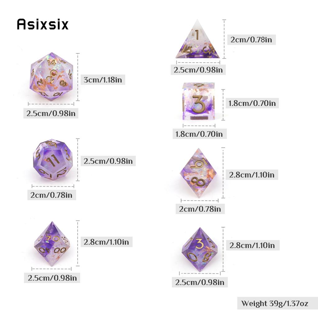 7 Pcs Purple White Resin Golden Number Sharp Edge Dice Polyhedral Dice Suitable for Role-Playing RPG  Board Game