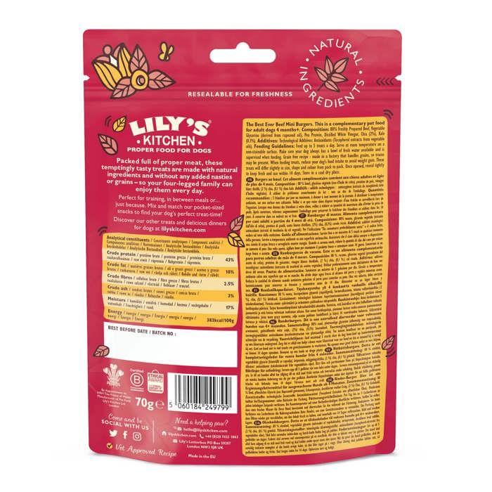 Lily's Kitchen Friandises Recette sans céréales pour chien - Burgers au boeuf 70g (Lot de 8)