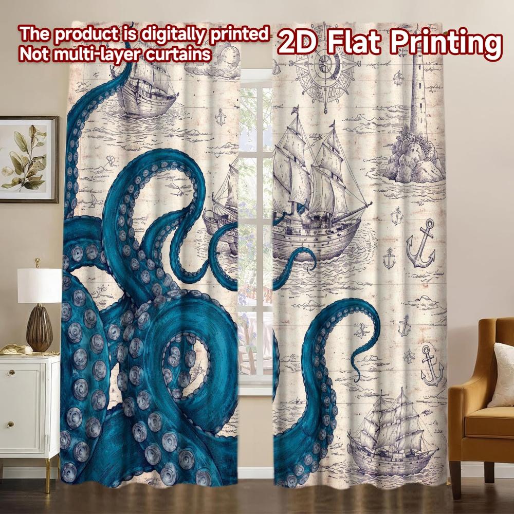 2D FLAT PRINTING 2pcs Curtains (Without Rod) Octopus and Sailing Ships Fashionable Modern Curtains Durable 100% Polyester Fabric