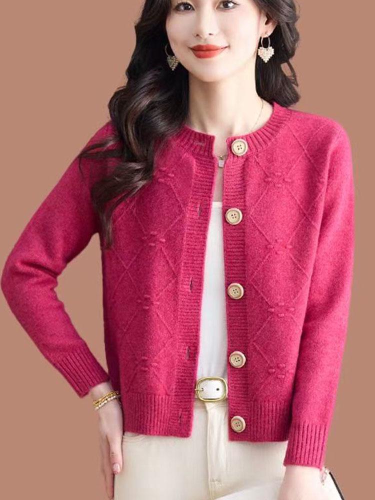 2025 Autumn/Winter Women's Short Wool Cardigan - Round Neck, Solid Color, Elegant Knit Design