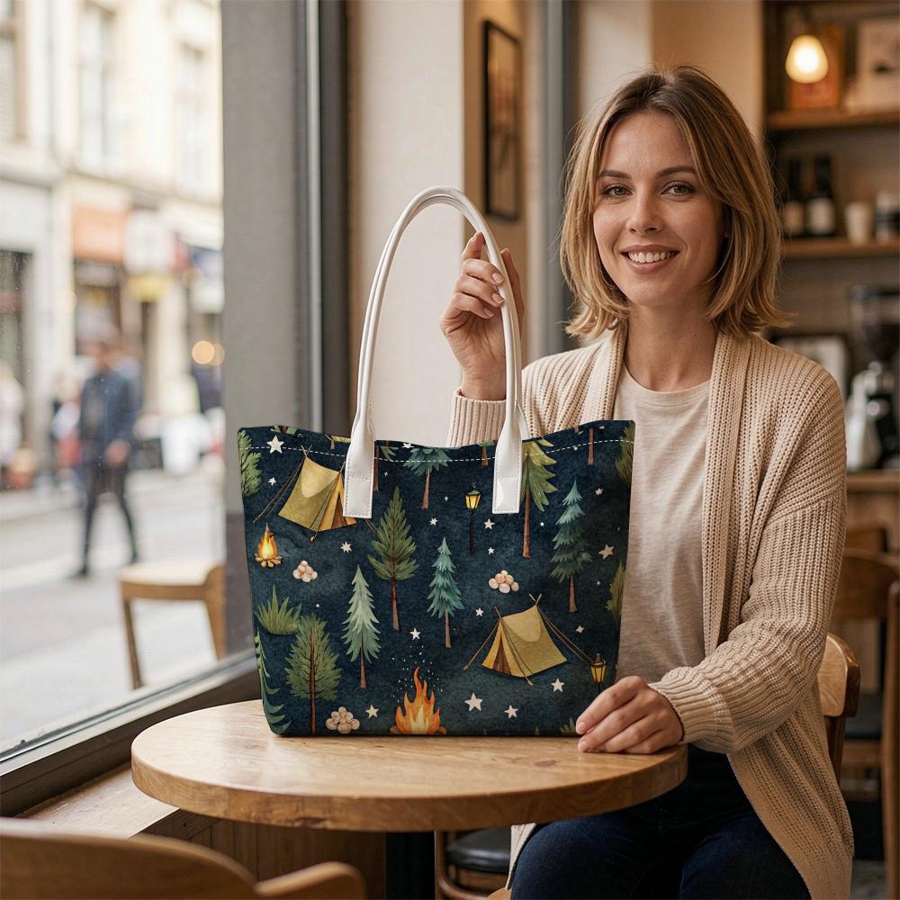 Cute Camping Pattern Tote Bag for Daily Outdoor Shopping Portable Casual Carryall Lightweight Sturdy Women Handbag