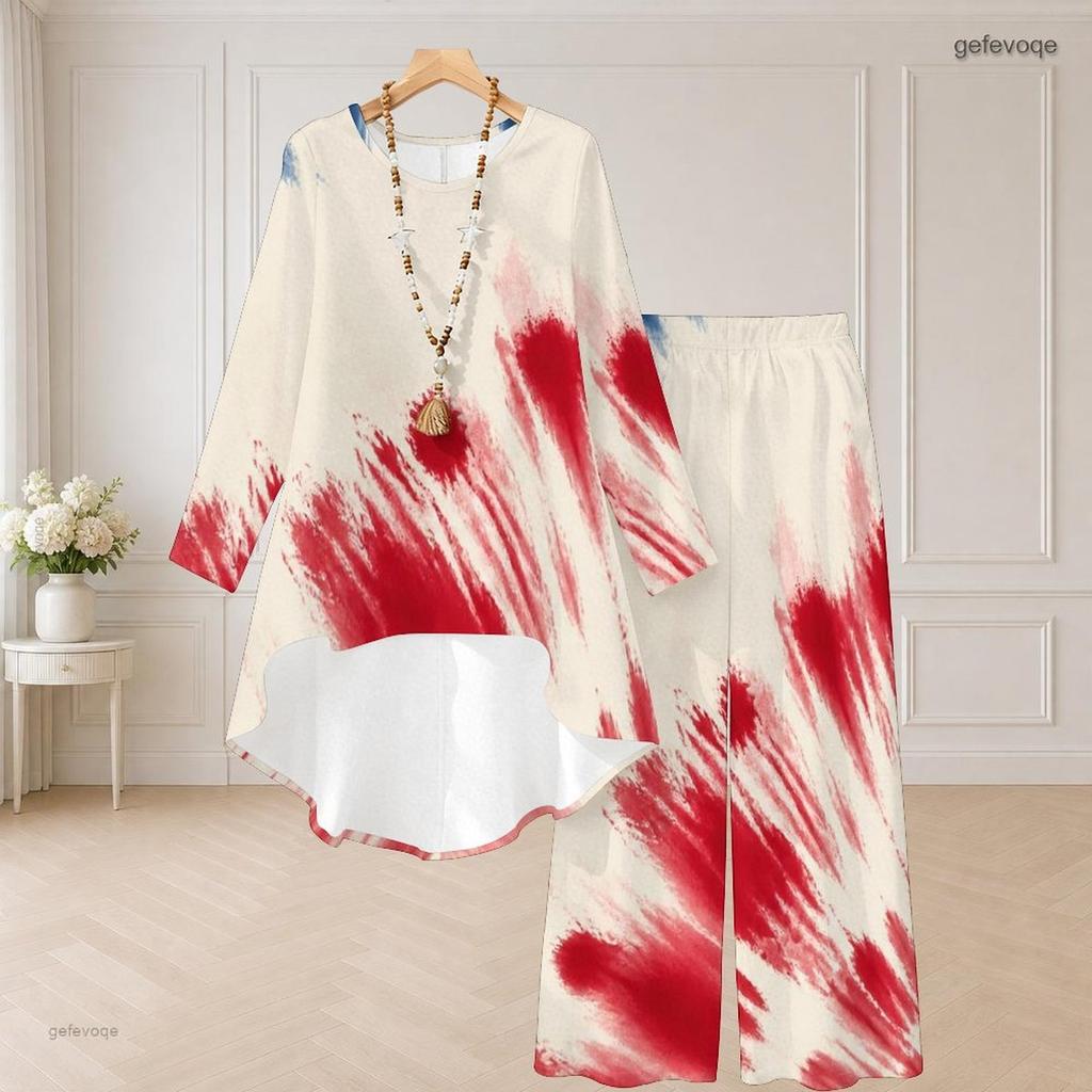 Women Plus Size Dark Blue Starry Printed Round Neck Long Sleeve High Low Top Wide Leg Pants Two Piece Set