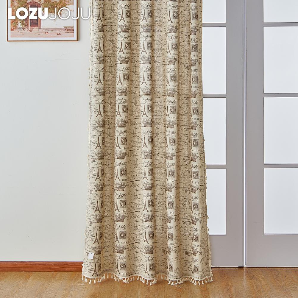 1PC LOZUJOJU Ins Style Vintage Eiffel Tower Printed Durable Tassel Edge Semi Blackout Curtains for Windows Balcony Bedroom Living Room Home Decor